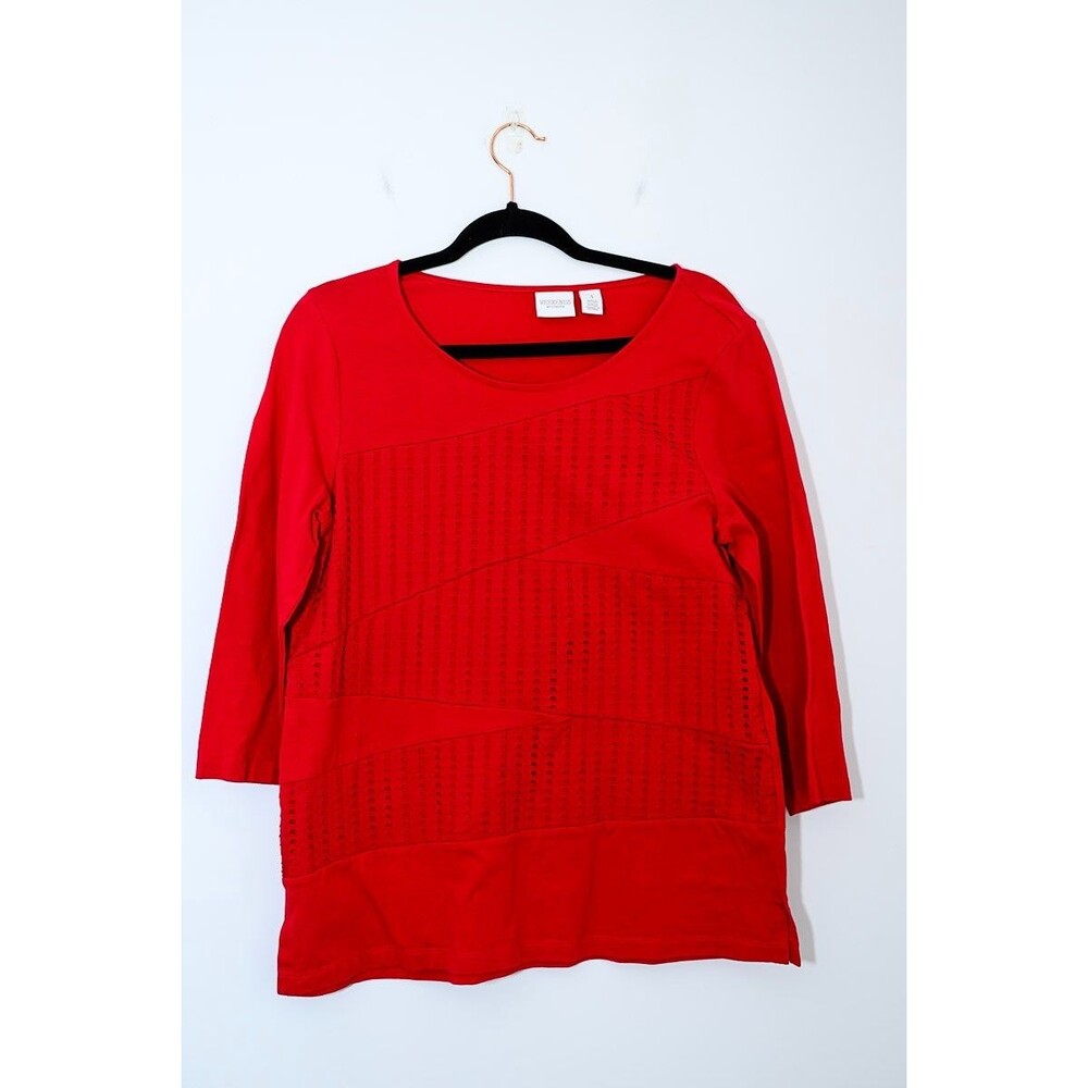 Weekends by Chico's 1 S Red Blouse tunic office casual eyelet top